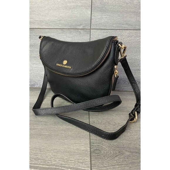 Vince Camuto Rizo Foldover Leather Crossbody-black bag medium size - Picture 3 of 7